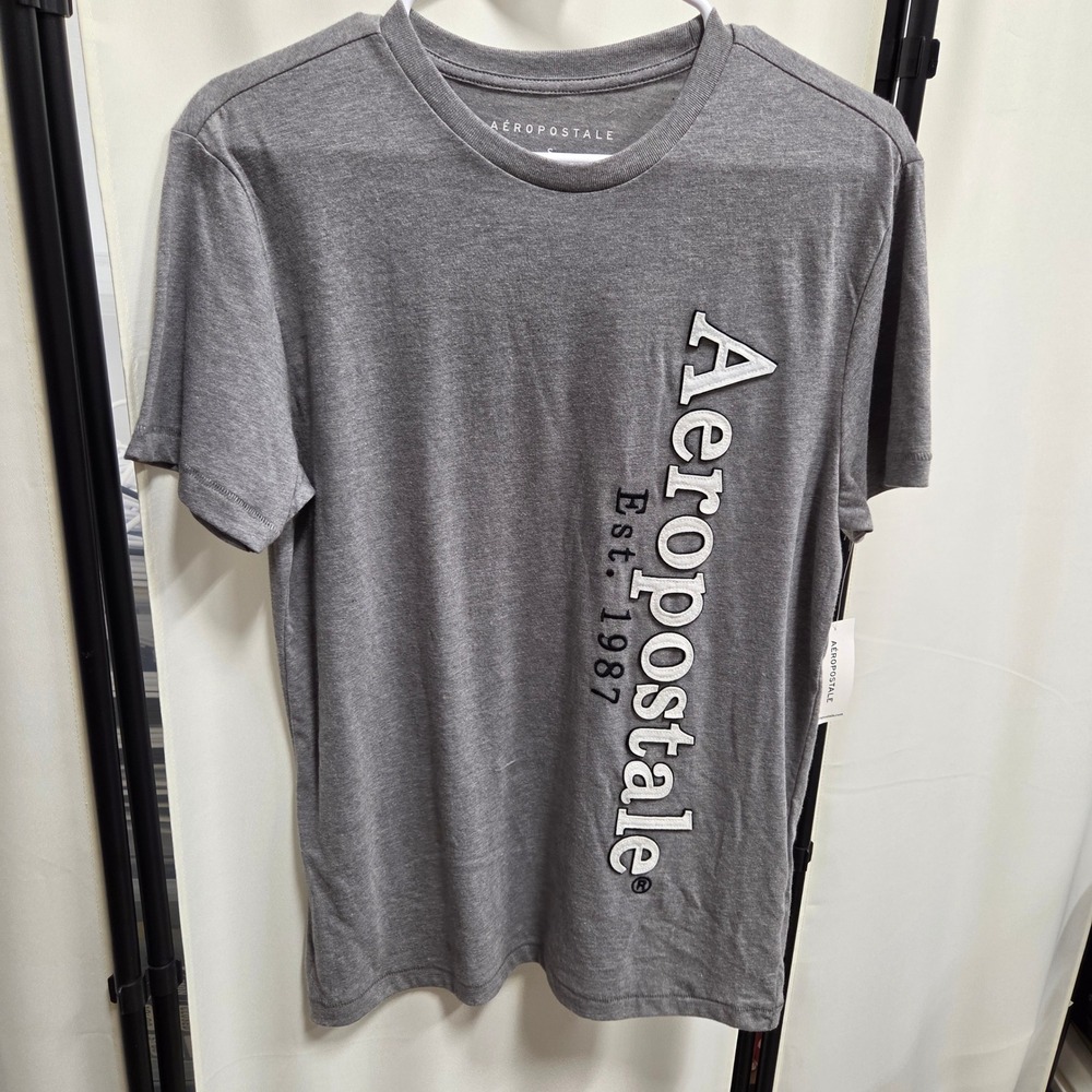 Aeropostale Mens Vertical Logo Graphic T-Shirt Heather Grey Short Sleeve Small